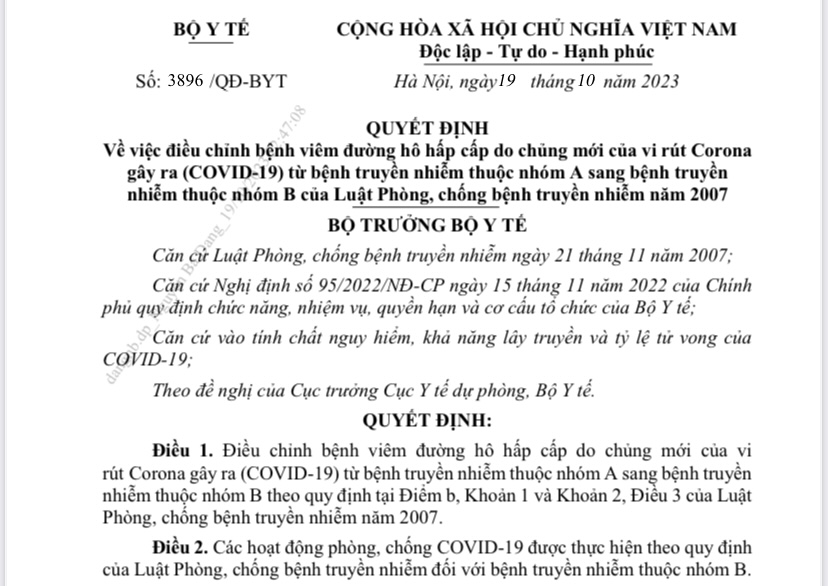 ĐIỀU CHỈNH BỆNH COVID-19 TỪ BỆNH TRUYỀN NHIỄM THUỘC NHÓM A SANG BỆNH TRUYỀN NHIỄM THUỘC NHÓM B